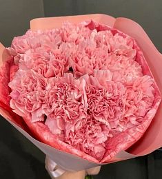 Букет из 11 ярких розовых гвоздик  в лаконичном оформлении