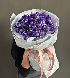Букет из 15 фиолетовых ирисов в оформлении